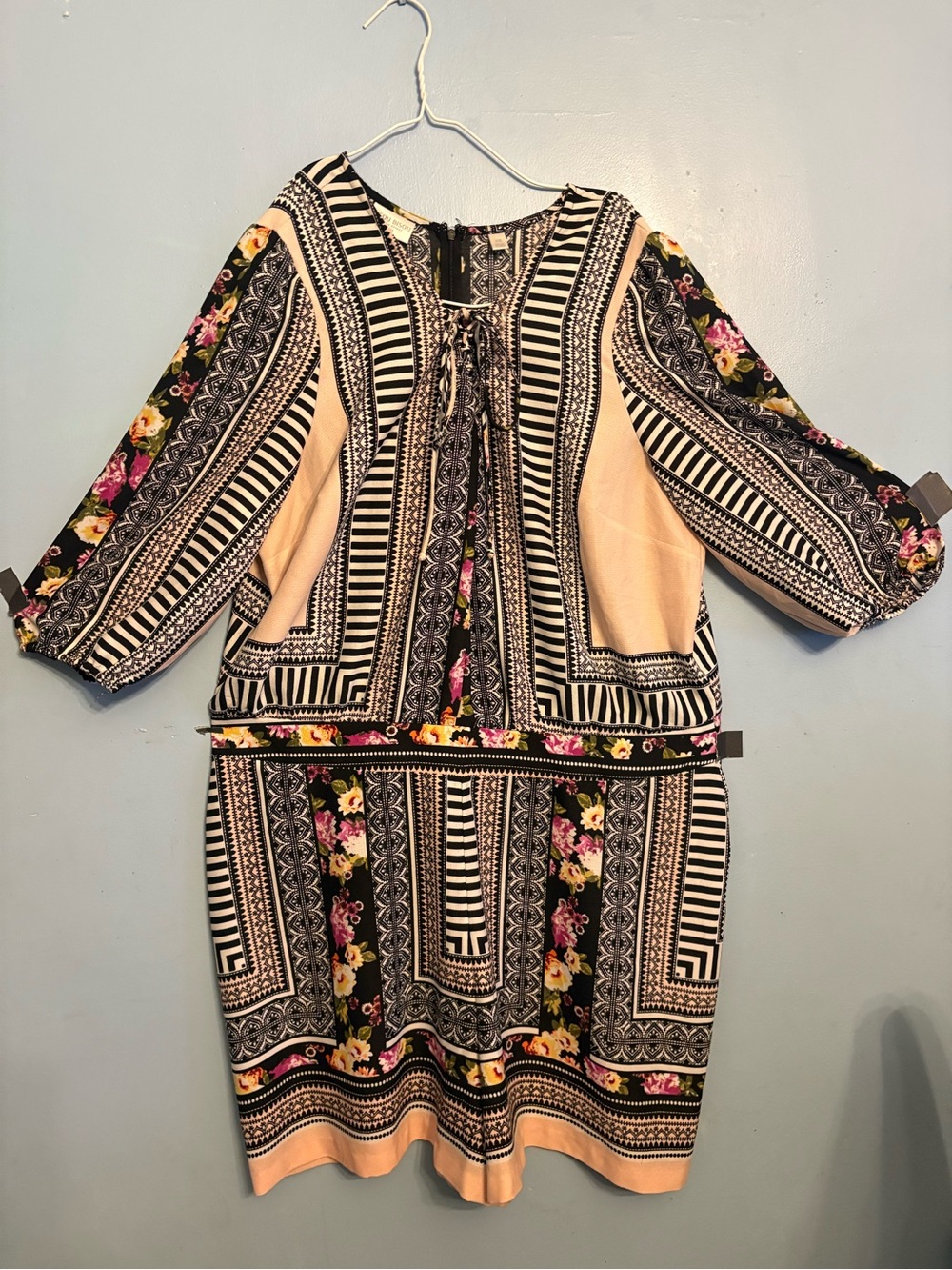 Floral Border Print Drop-Waist Women’s Dress - Black & Cream